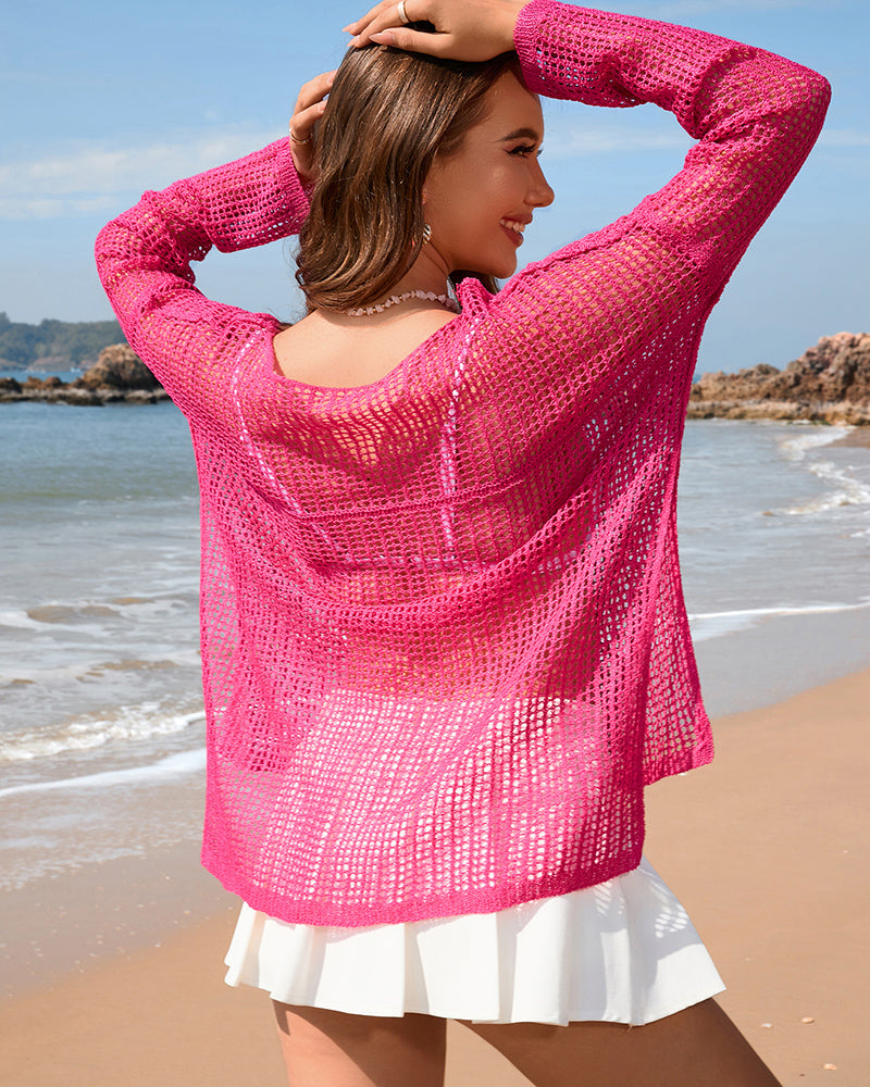 Cover-Up Solid Color Long-Sleeved Knitted Fashionable Vacation Bikini Beach Cover-Up