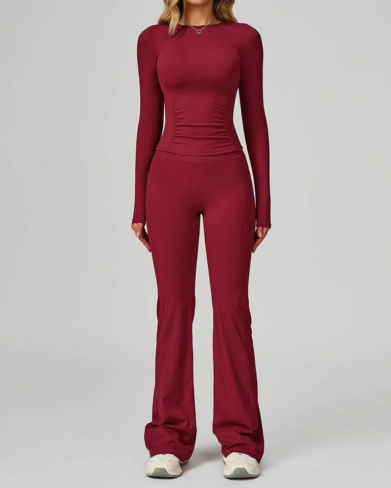 Women GYM Long Sleeve Slim T-shirt Running Wide Leg Pants Yoga Two-piece Sets S-XL
