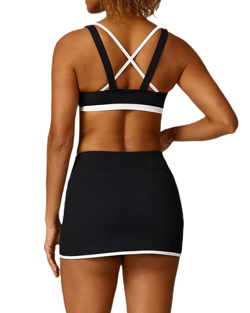 Colorblock Criss Cross Sports Bra Tennis Skirts Yoga Two-piece Sets S-L