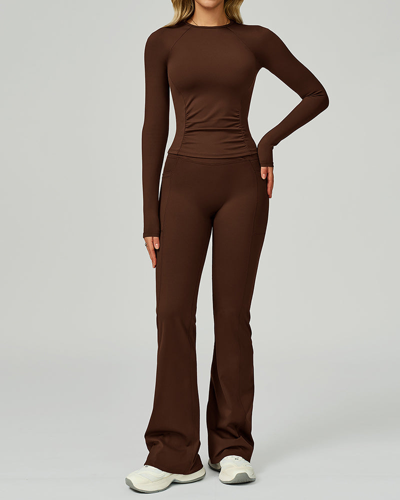 Women GYM Long Sleeve Slim T-shirt Running Wide Leg Pants Yoga Two-piece Sets S-XL