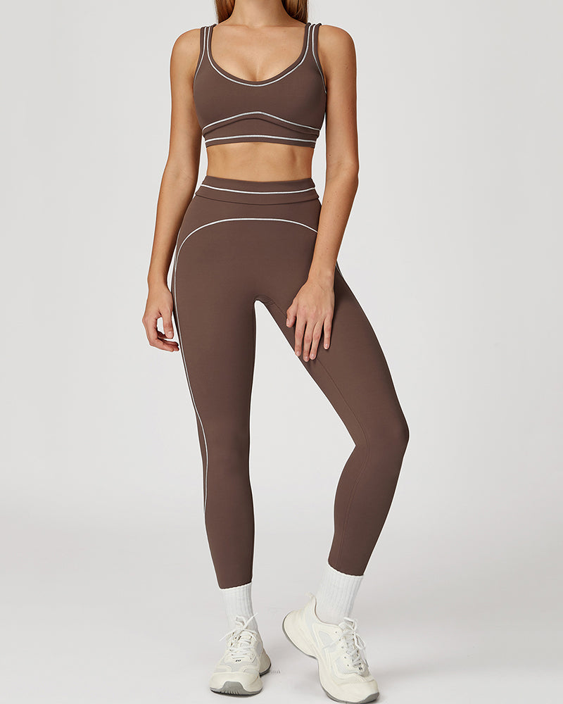 Women Logo Add Colorblock U Neck Bra Sports Leggings Two Piece Sets Black Red Brown Green Blue S-XL