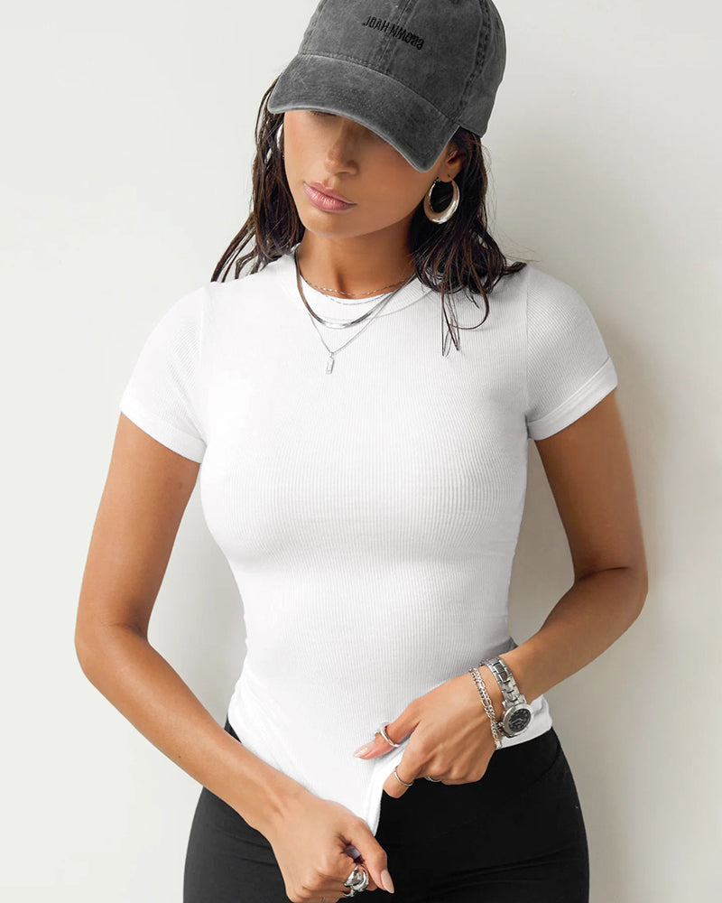 Women Short Sleeve Fitness Solid Color T-shirt S-XL