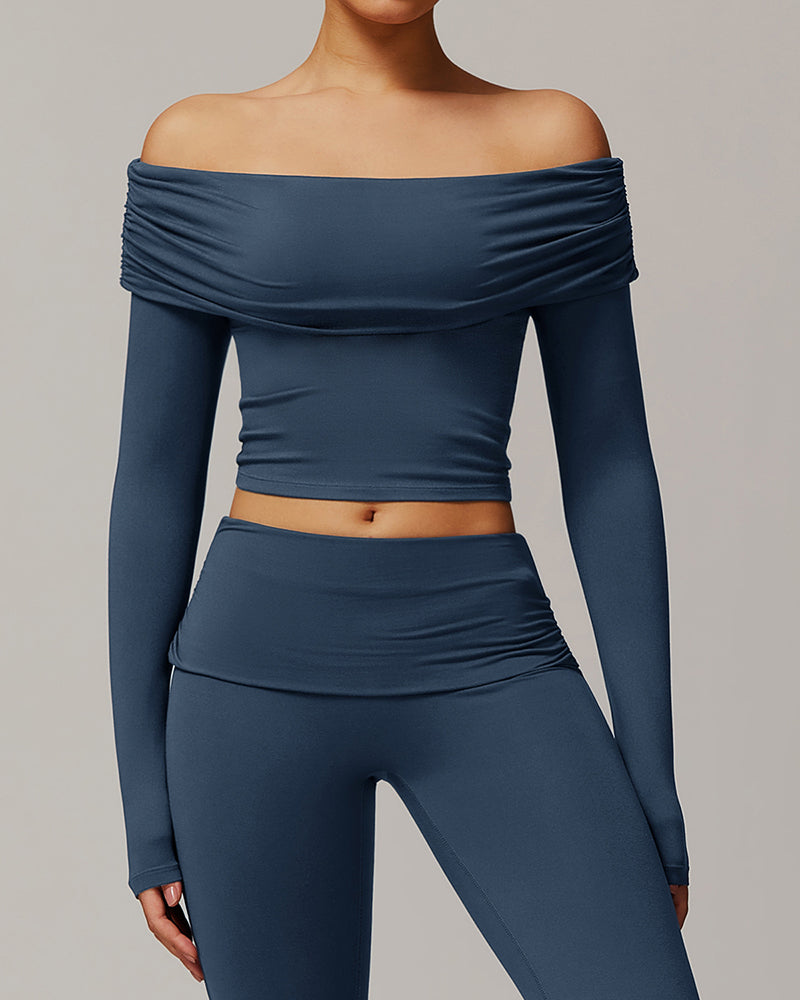 OEM Customized Women Long Sleeve Yoga Fold Off Shoulder Fitness Outdoor Wear Sports Running Top S-XL