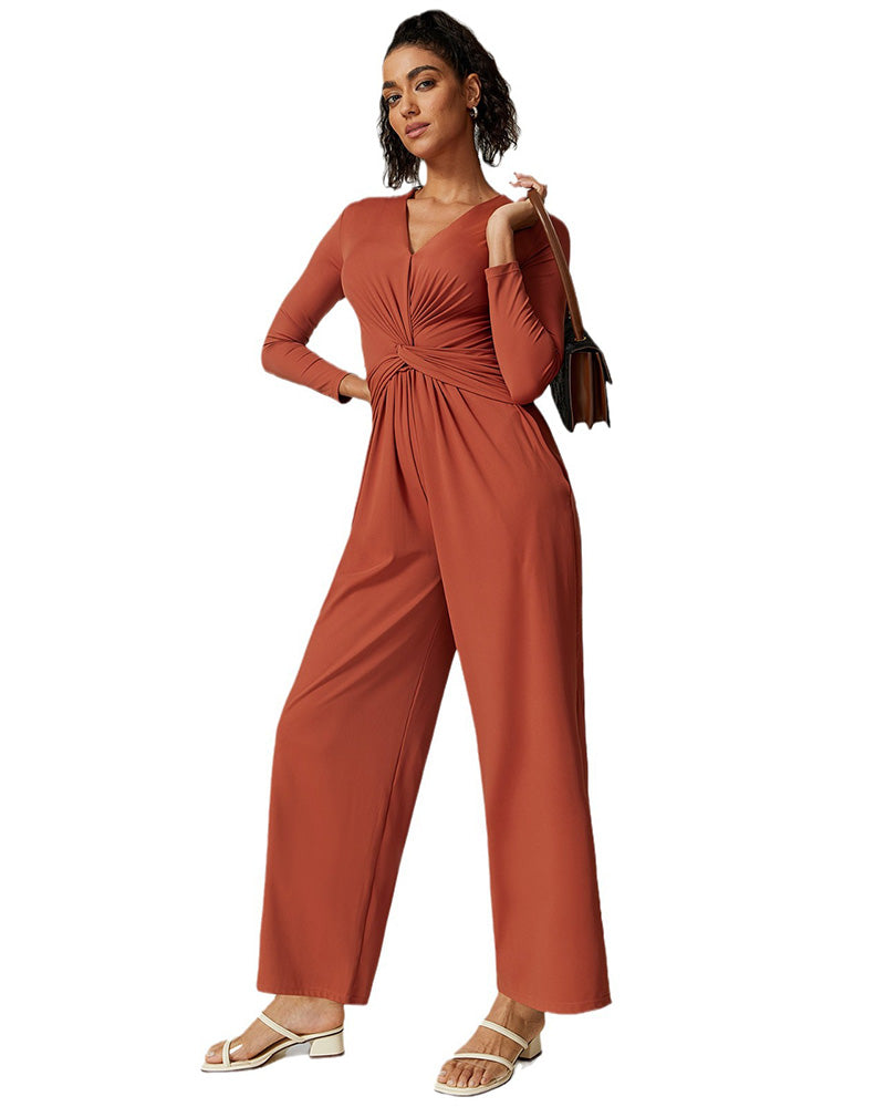 Sexy V Neck Ruched High Slit Yoga Sports Jumpsuit S-L