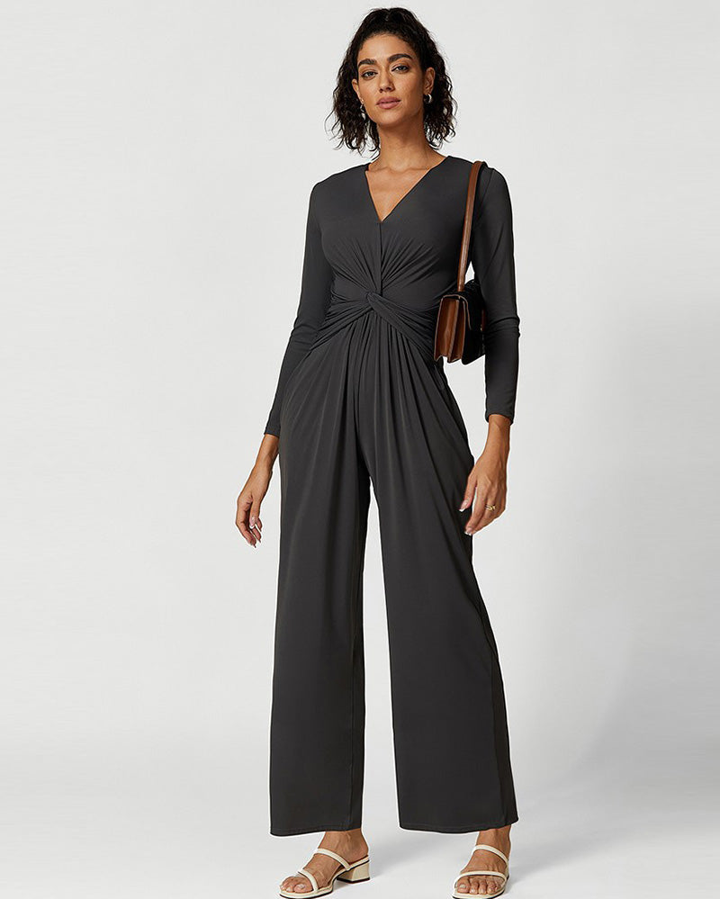 Sexy V Neck Ruched High Slit Yoga Sports Jumpsuit S-L