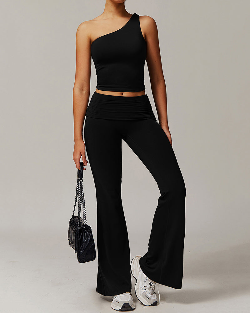 Women OEM Customize LOGO Slash Neck Vest Fold Waist Wide Leg Pants Sports Two Piece Sets S-XL