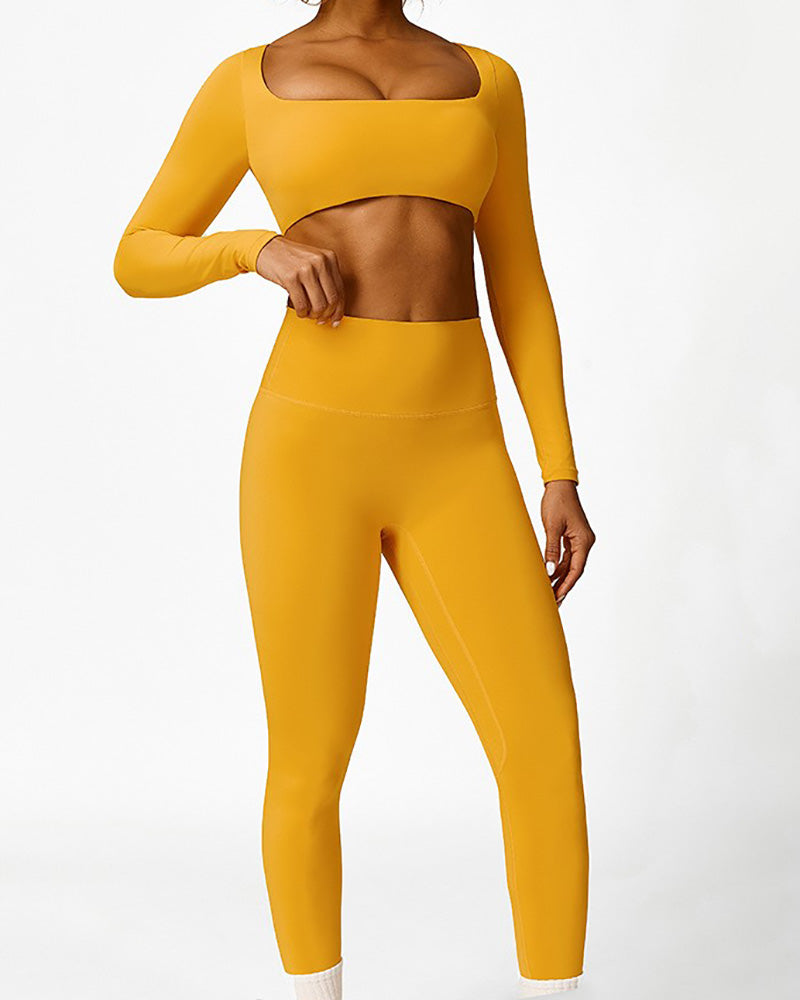 Women Square Neck Long Sleeve Crop Top Fitness Slim Leggings Pants Yoga Two-piece Sets S-L