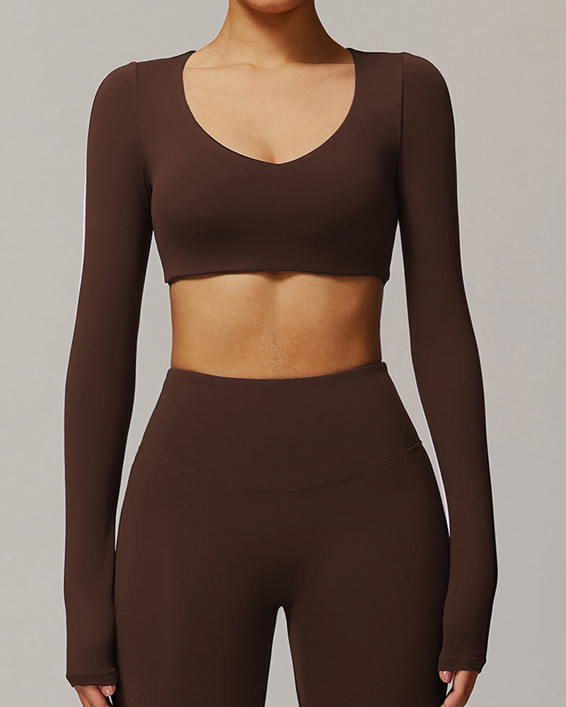 Quickly Dry Yoga Long Sleeve V Neck Running Sports Work Out Crop Top S-XL