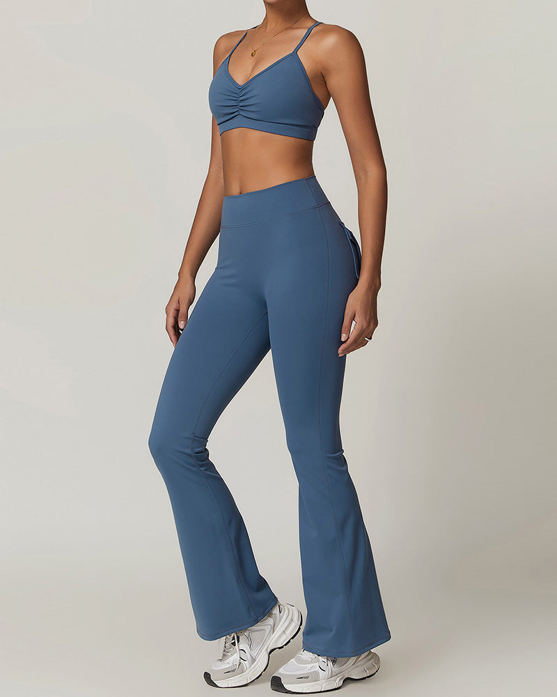 Women Sling Ruched Sports Bra High Waist Flare Pants Yoga Two-piece Sets S-XL