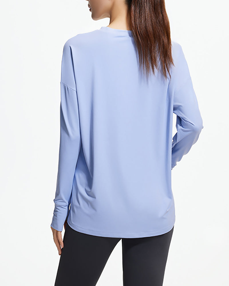 Women Long Sleeve O Neck Slide Slit Sports T-shirt S-2XL