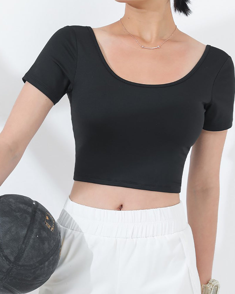 Women Short Sleeve O Neck Sports Crop T-shirt S-L