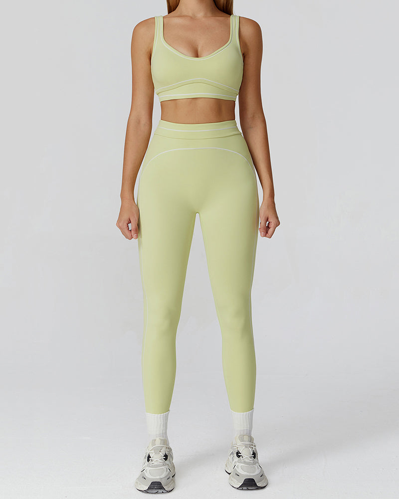 Women Logo Add Colorblock U Neck Bra Sports Leggings Two Piece Sets Black Red Brown Green Blue S-XL