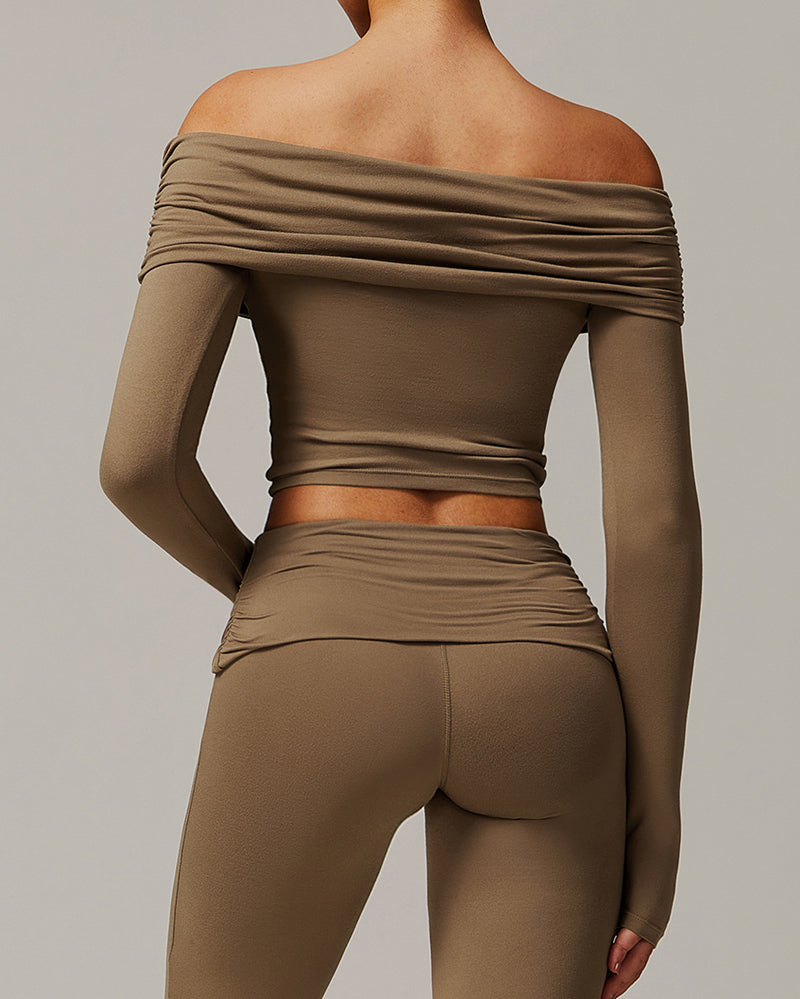 OEM Customized Women Long Sleeve Yoga Fold Off Shoulder Fitness Outdoor Wear Sports Running Top S-XL