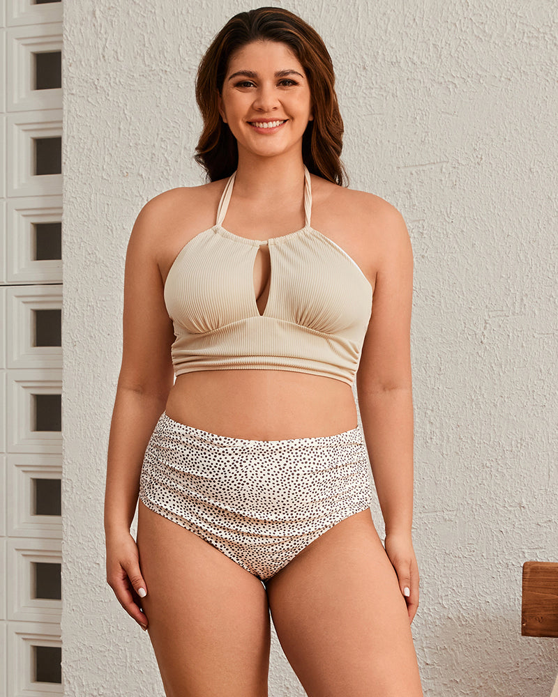 New Women Halter Neck Hollow Out High Waist Sexy Bikinis Plus Size Swimsuit Beige XL-3XL