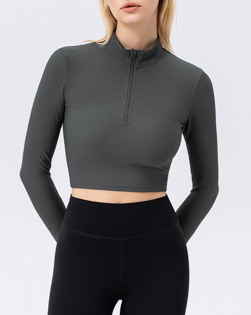 Women Fitness Slim Long Sleeve Stand Collar Yoga High Elastic Top S-2XL