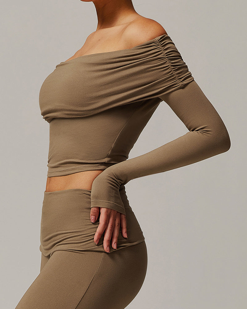 OEM Customized Women Long Sleeve Yoga Fold Off Shoulder Fitness Outdoor Wear Sports Running Top S-XL