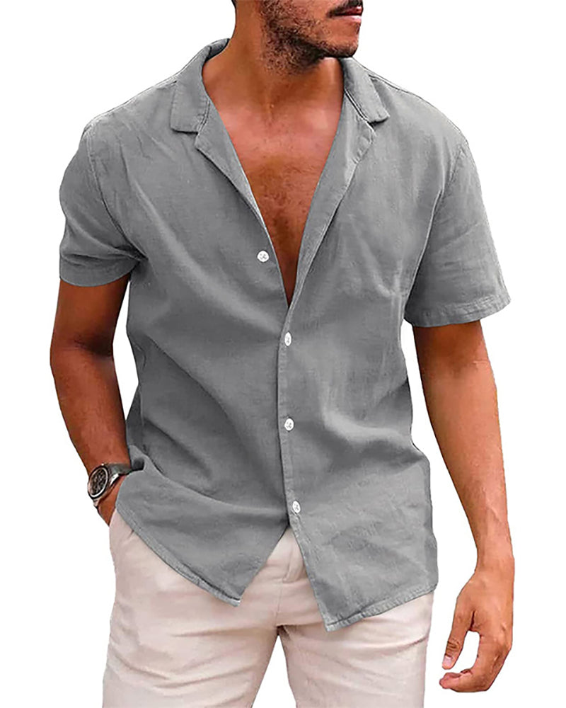 Summer Lapel Solid Color Short Sleeve Button Men&