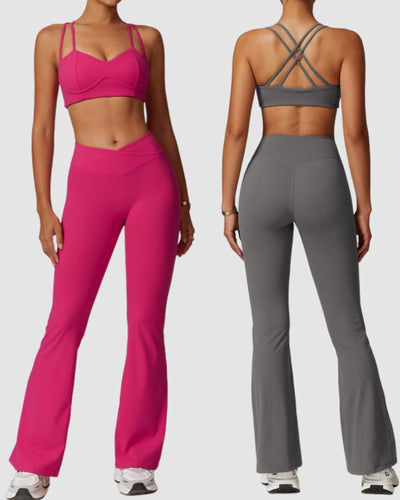 Women Sling Running Bra Sports High Waist Wide Leg Yoga Two-piece Pants Sets S-XL