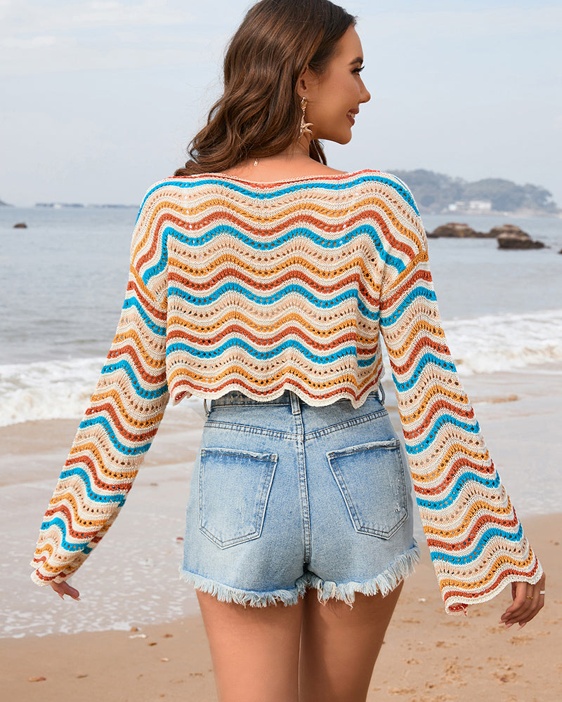 Patchwork Round Neck Striped Bikini Beach Cover-Up