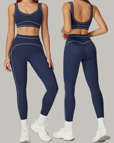 Women Logo Add Colorblock U Neck Bra Sports Leggings Two Piece Sets Black Red Brown Green Blue S-XL