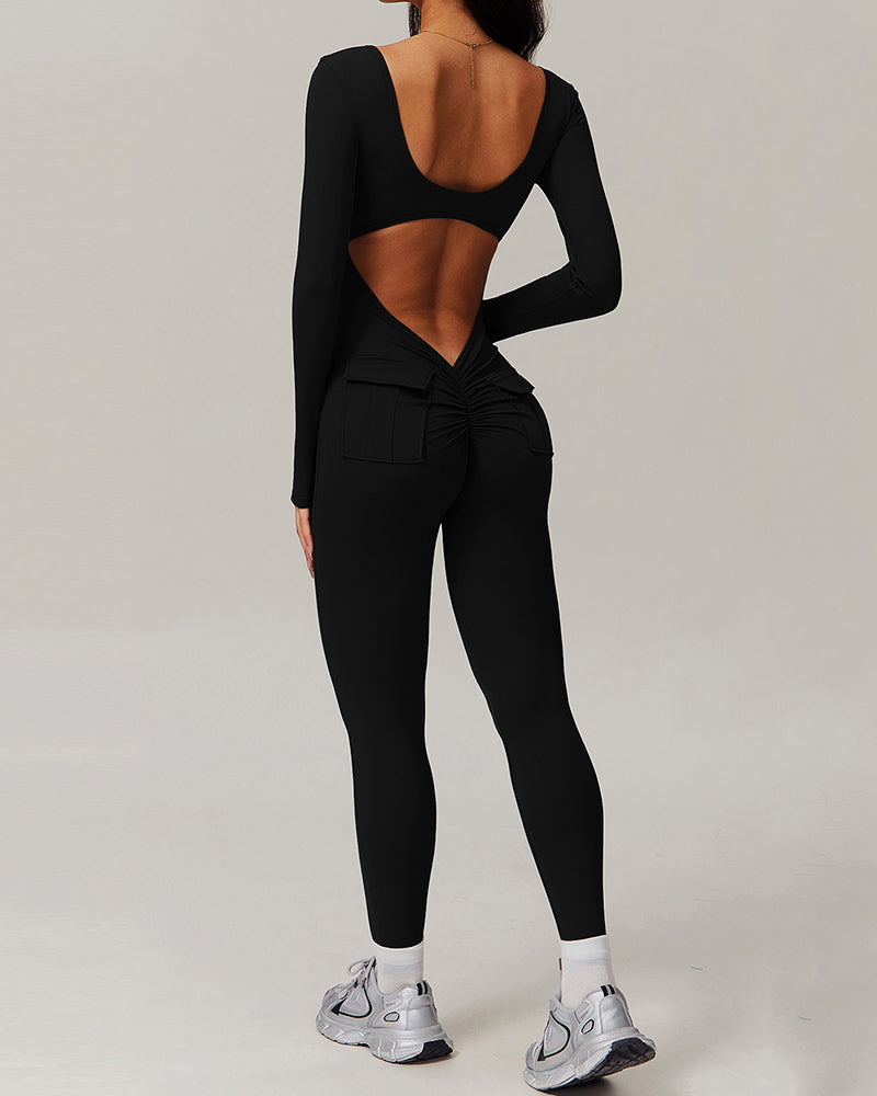 Wholesale Women U Neck Tight Running Long Sleeve Fitness Sports Jumpsuit S-XL