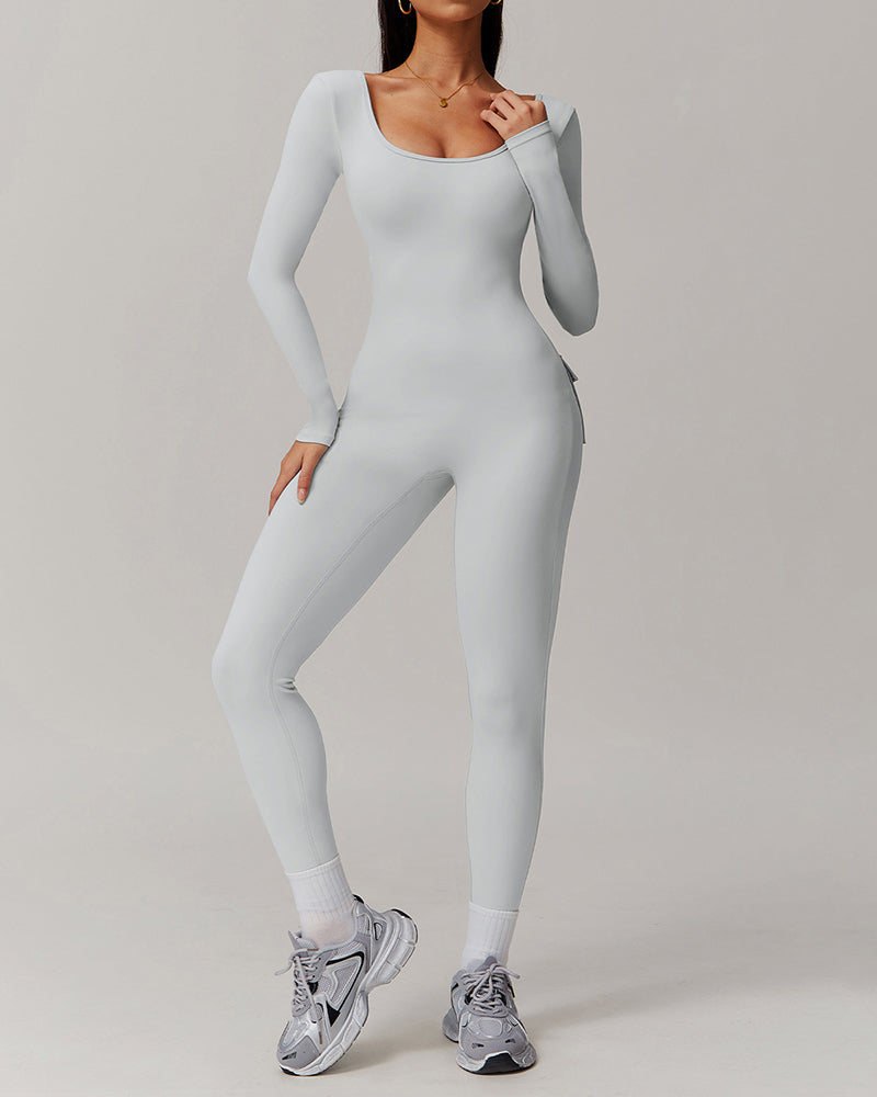 Wholesale Women U Neck Tight Running Long Sleeve Fitness Sports Jumpsuit S-XL