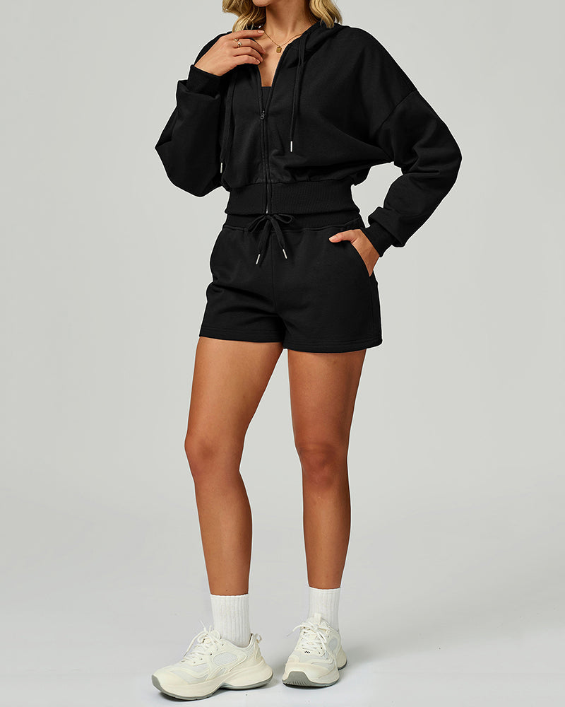 Women Long Sleeve Hoodies GYM Coat Fitness Shorts S-XL
