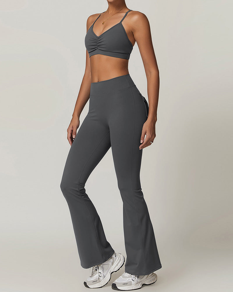 Women Sling Ruched Sports Bra High Waist Flare Pants Yoga Two-piece Sets S-XL