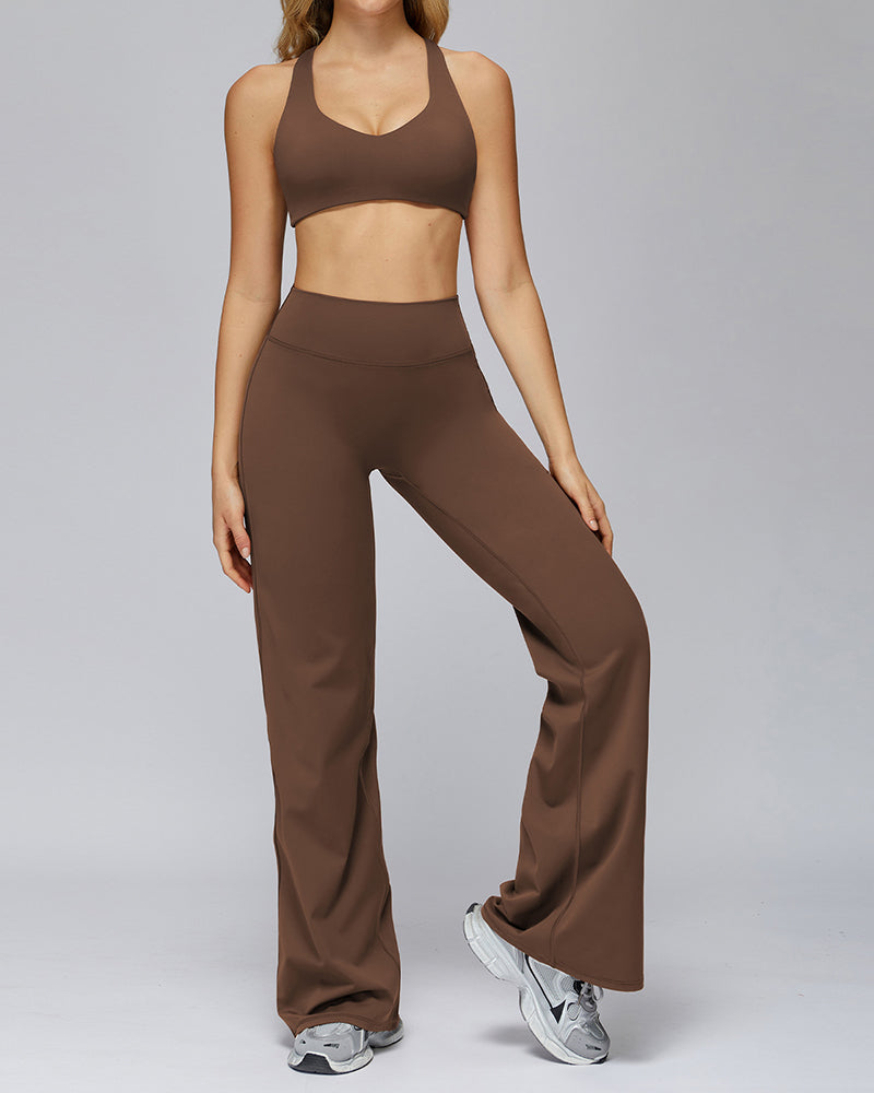 Women V-Neck Bra High Waist Wide Leg Pants Yoga Two-piece Sets S-XL