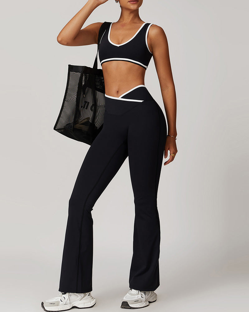 Women Colorblock Sports Bra Running Criss Waist Flare Pants Yoga Two-piece Pants Sets S-XL