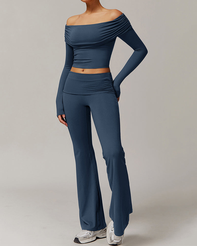 OEM Women Long Sleeve Off Shouder T-shirts Fold Waist Wide Leg Pants Sports Yoga Two-piece Sets S-XL