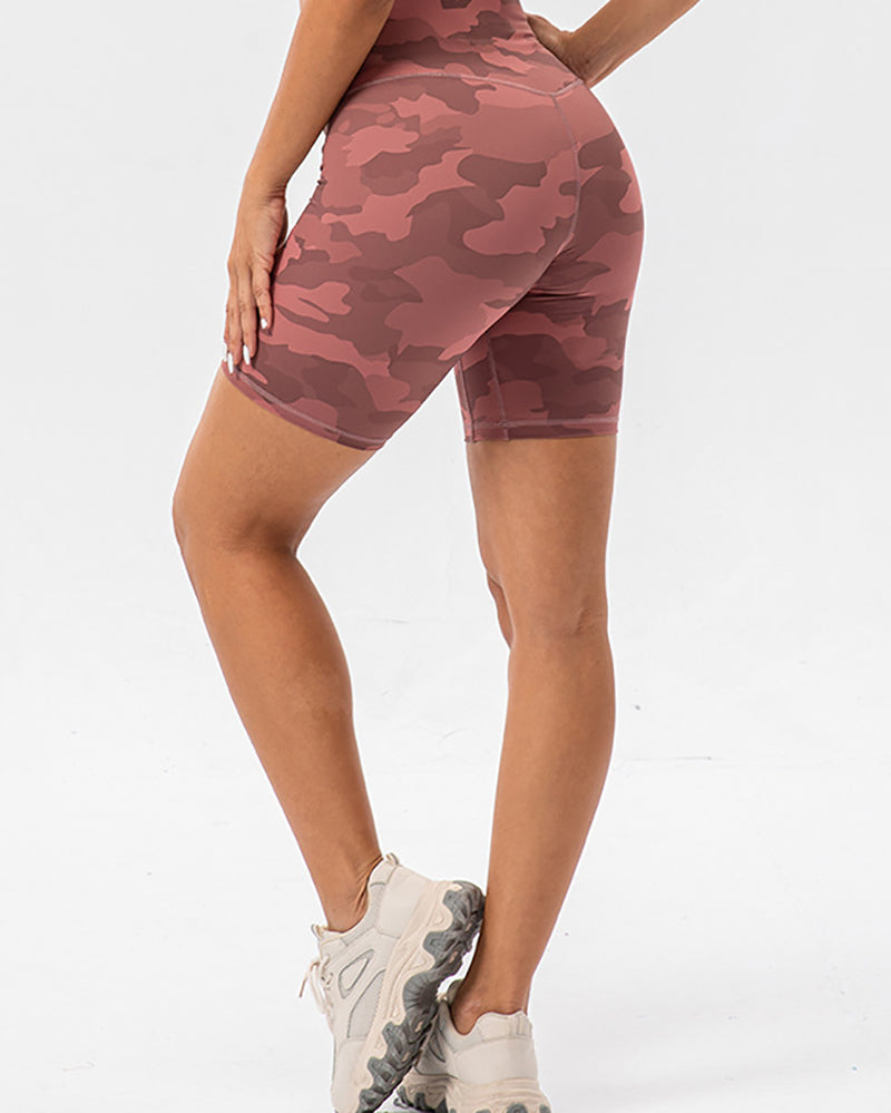 Camo Printed High Waist Peach Hip Sports Shorts S-2XL