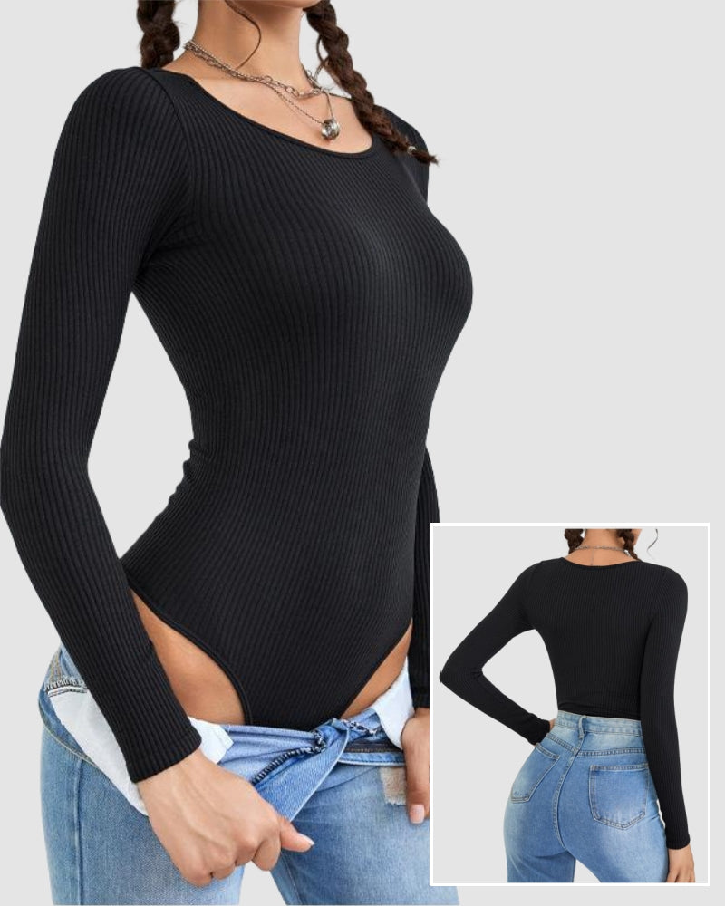 Women Basic Dance Seamless Knit Long Sleeve O Neck Bodysuit Black S-L