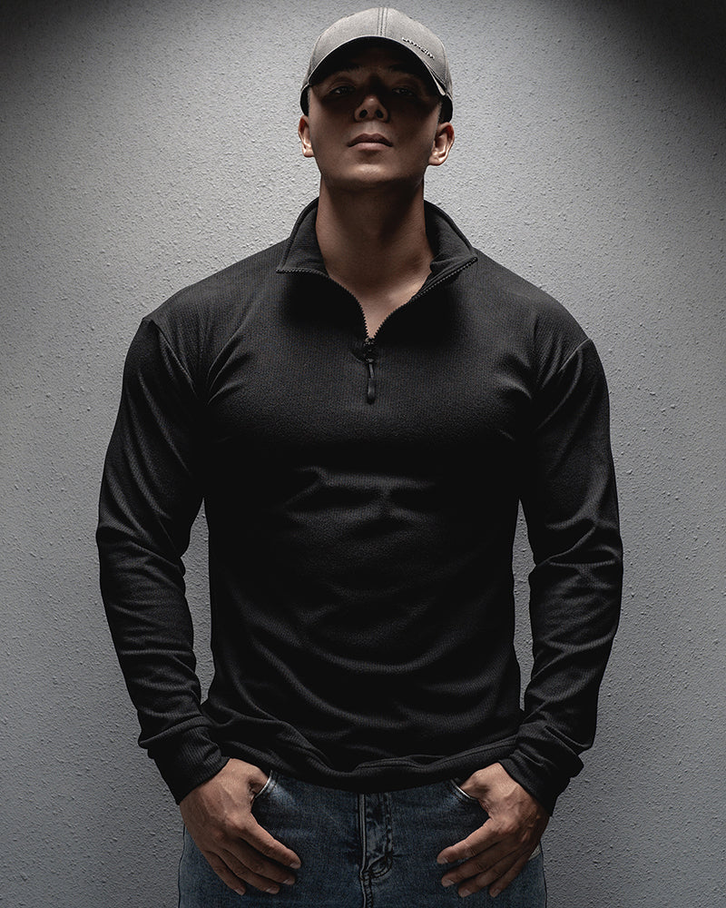 Long Sleeve Zipper Stand Collar Good Elestic Solid Color T-shirt M-3XL