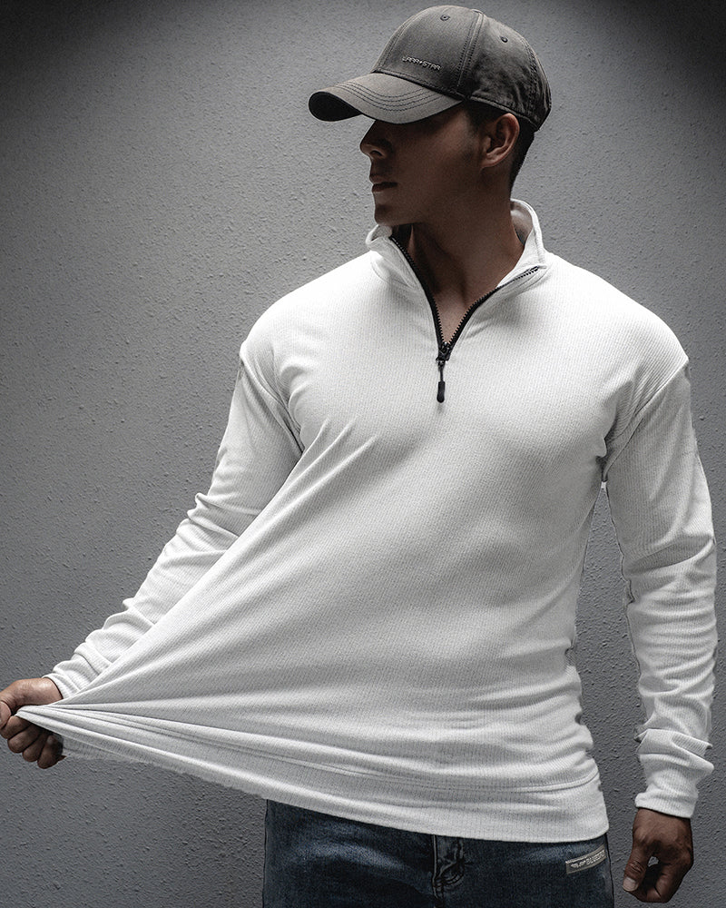 Long Sleeve Zipper Stand Collar Good Elestic Solid Color T-shirt M-3XL