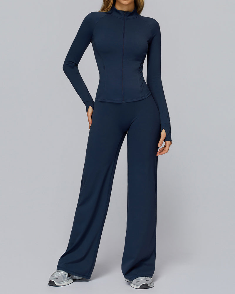 Women Long Sleeve Coat Wide Leg Pants Yoga Two-piece Sets S-XL