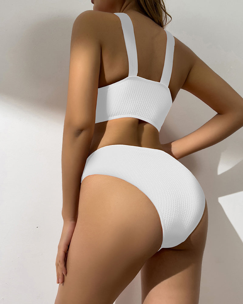 Solid Color High Waist Women Hollow Out Bikini Set S-XL