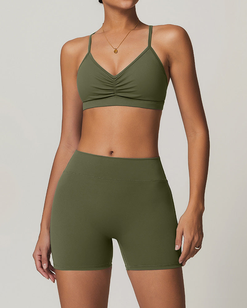 Wholesale OEM Running Sling Ruched Bra Yoga Two-piece Shorts Sets S-XL