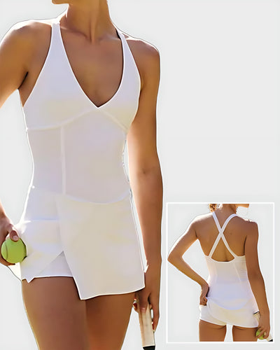 Women Deep V Neck Tennis Lined Fitness Outdoor Active Wear Dress White Black S-L