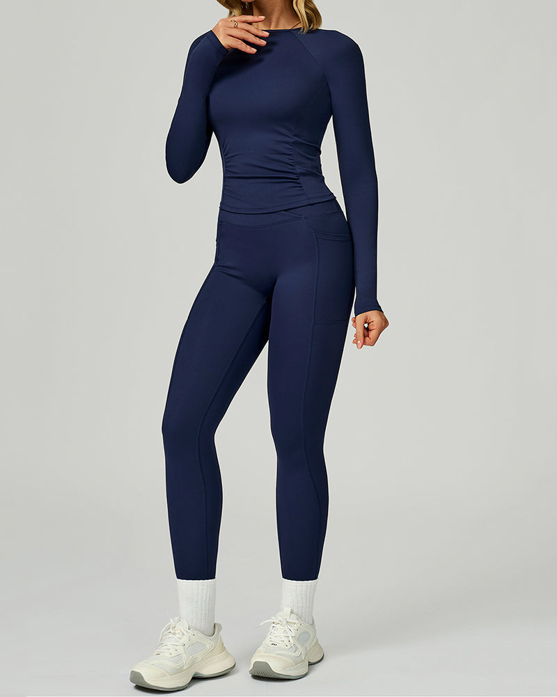 Women Add Logo Long Sleeve GYM Slim T-shirt High Waist Leggings Yoga Two-piece Sets S-XL