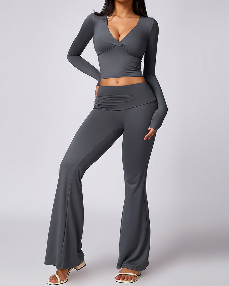 Women Long Sleeve T-shirt High Waist Pants Yoga Two-piece Set S-XL