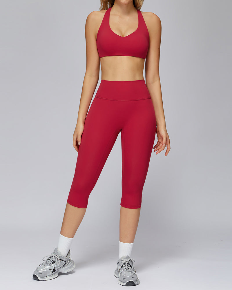 Women V-Neck Bra Capri Leggings Yoga GYM Two-piece Sets S-XL