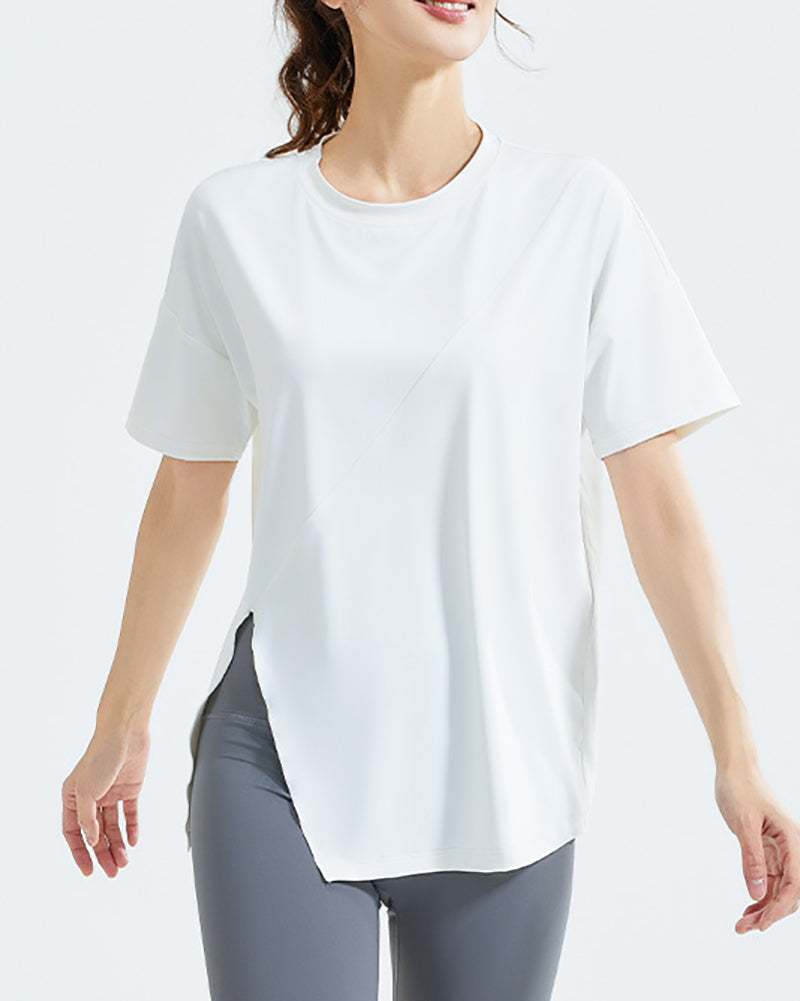 Wholesale Price Women Short Sleeve O-Neck Side Slit T-shirt S-2XL