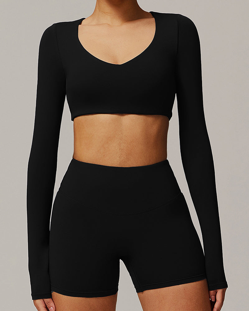 Quickly Dry Yoga Long Sleeve V Neck Running Sports Work Out Crop Top S-XL