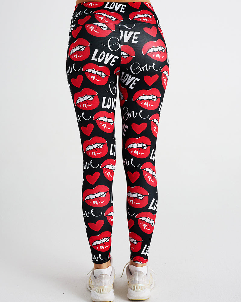 Love Sexy Lips Print Sports Women Pants Red S-2XL