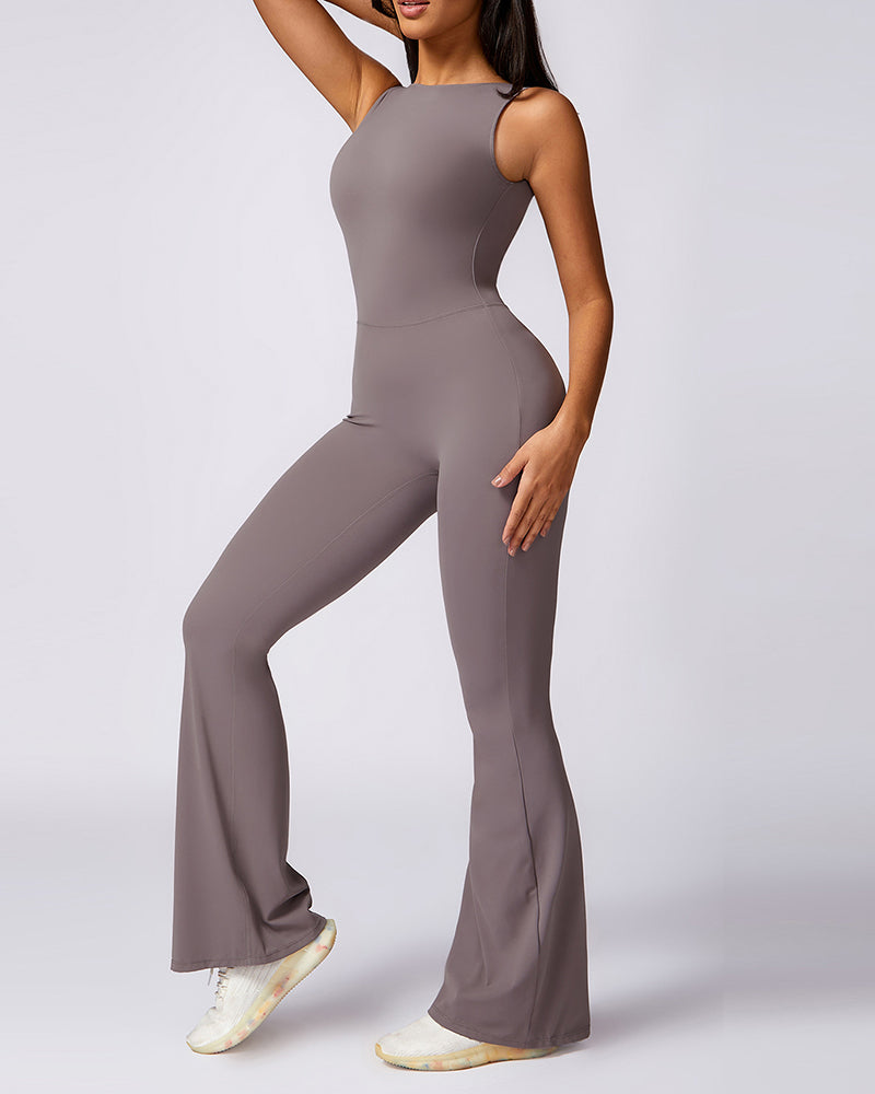 Women Hips Lift Wide Leg Fitness Back Yoga Jumpsuit Black Gray Purple Brown S-XL