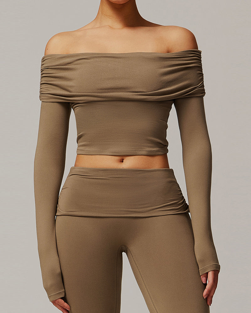 OEM Customized Women Long Sleeve Yoga Fold Off Shoulder Fitness Outdoor Wear Sports Running Top S-XL