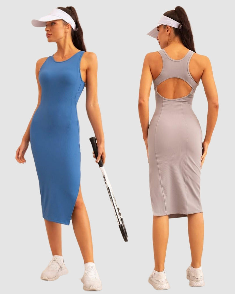 Women Slim Side Slit Sleeveless Hollow Out Fitness Dress S-L