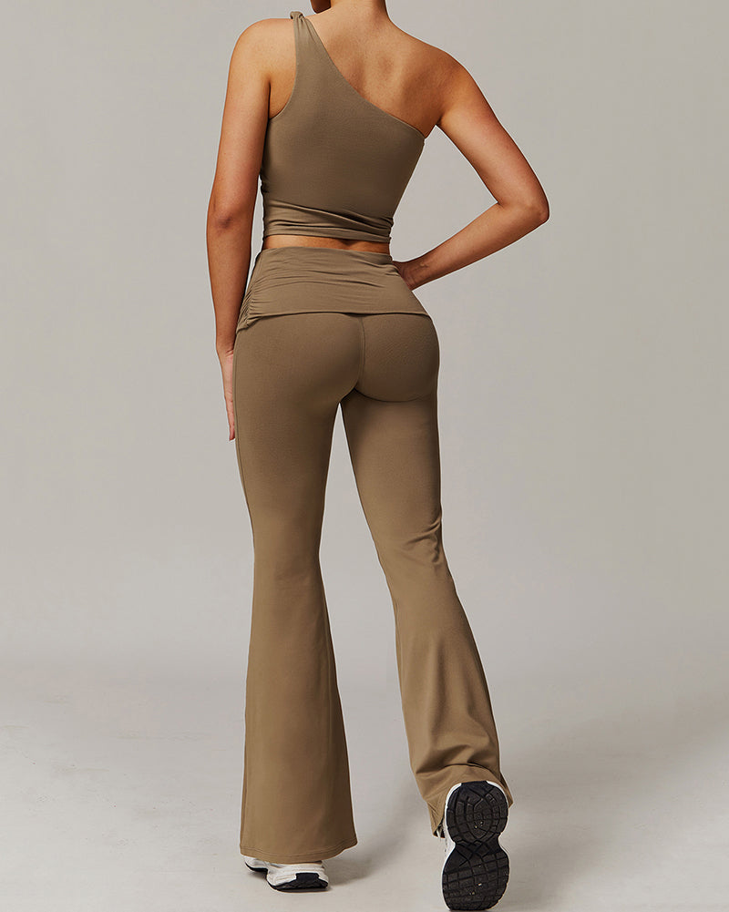 Women OEM Customize LOGO Slash Neck Vest Fold Waist Wide Leg Pants Sports Two Piece Sets S-XL