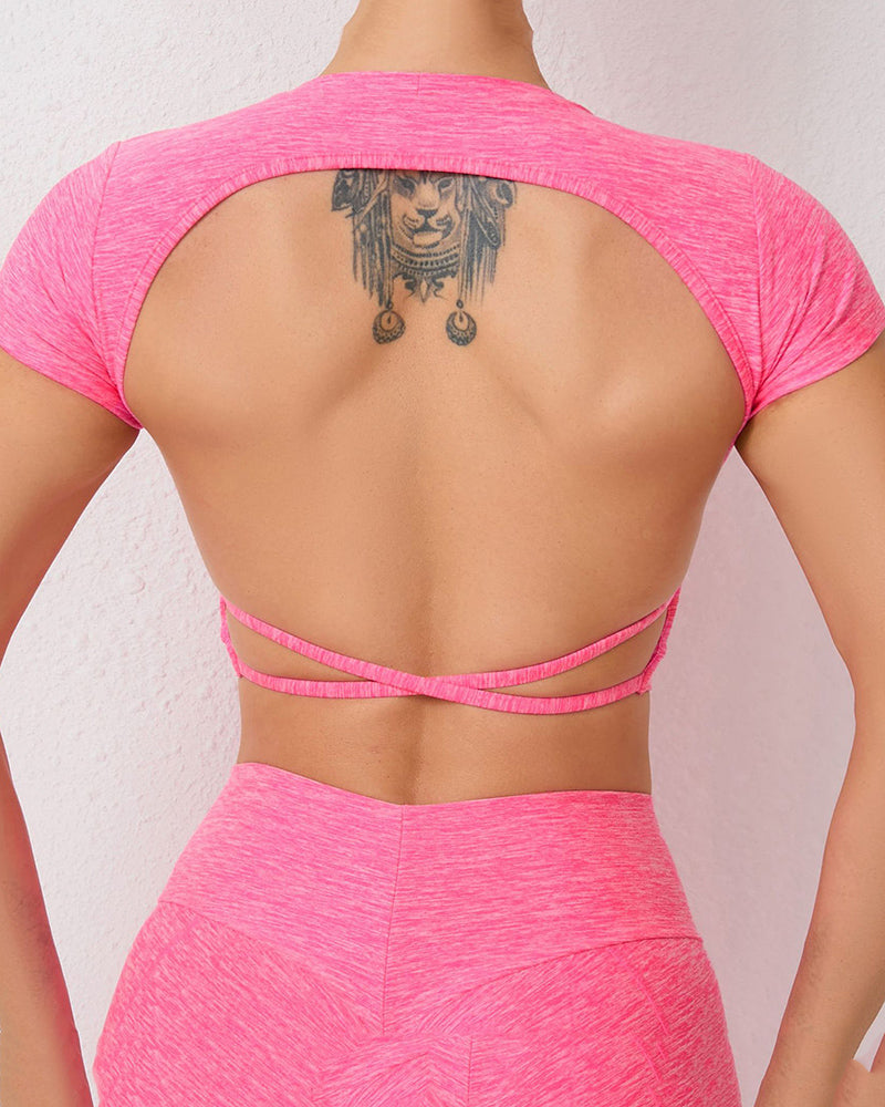 Short Sleeve Backless Removeable Pad Yoga Sports T-shirt Crop Top S-L